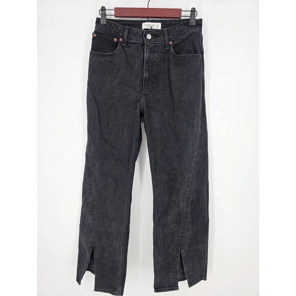 Abercrombie & Fitch women's black 90's relaxed front split hem high rise jeans 4 - Picture 1 of 5